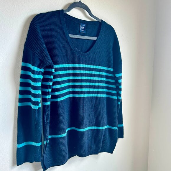 GAP Navy Blue and Aqua Stripe Wool Blend Sweater - Size Large Tall - Picture 2 of 4